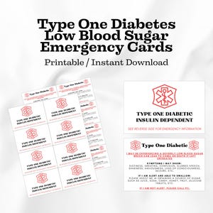 Printable Low Blood Sugar Emergency Cards for Type 1 Diabetes – T1D Hypo Alert Cards PDF for Wallet, School, Daycare, Caregivers