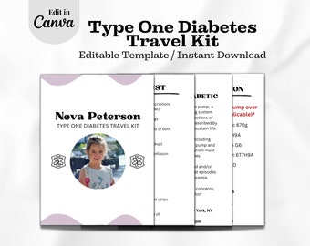 Kit de viagem para diabetes tipo 1: pacote de informações de saúde editável (modelo Canva)