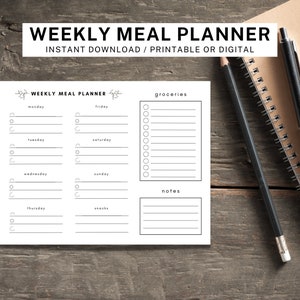 Minimalist Aesthetic Weekly Meal Planner & Grocery List | Instant Download | Printable or Digital PDF | Notepad Template | 2023 Organizer