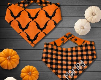 Reversible Halloween Bat Dog Bandana, Black and Orange Plaid Pet Scarf, Spooky Fall Cat Bandana, Personalized Bandana, Embroidered Bandana