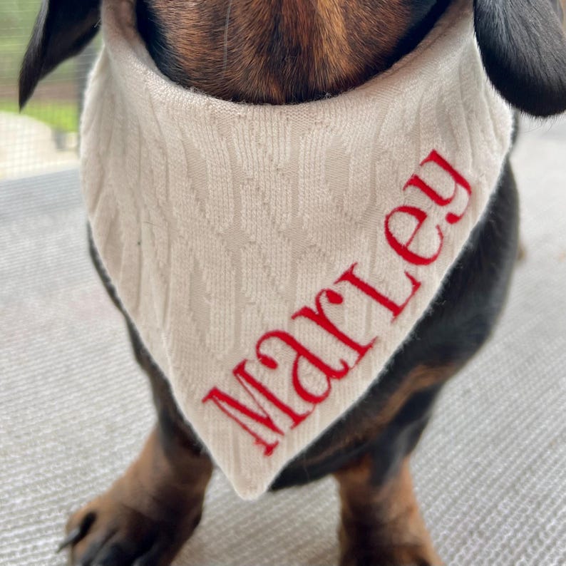 Sweater Dog Bandana, Embroidered Pet Scarf, Cable Knit Snap on Bandana