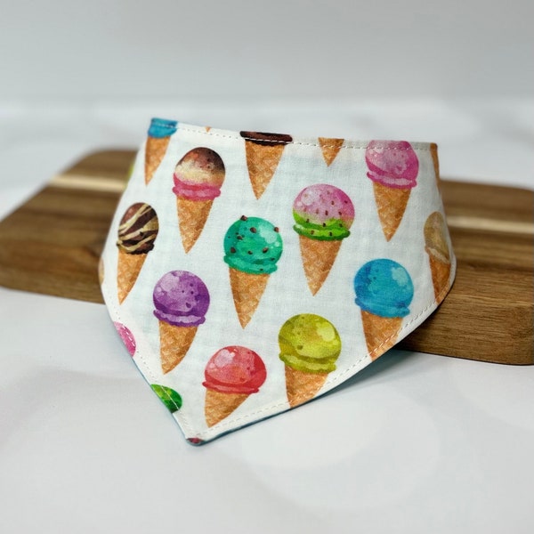 Ice Cream Cone Dog Bandana, Summer Pet Scarf, Rainbow Snap On Dog Kerchief, Cat Neckerchief, Reversible Bandana, Gift for New Dog Mom