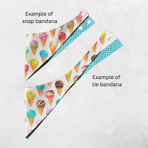 May include: Two dog bandanas with an ice cream cone pattern. One bandana has snap closures, and the other is a tie bandana. The text "Example of snap bandana" and "Example of tie bandana" are visible.