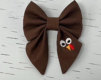 Embroidered Turkey Face Dog Sailor Bow, Thanksgiving Dog Bow Tie, Fall Collar Decoration, Girly Collar Decoration, Festive Cat Bow Tie