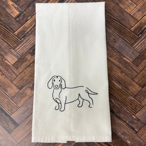Embroidered Dachshund Tea Towel, Line Art Doxie Flour Sack Towel, Kitchen Bathroom Guest Hand Towel, Dog Breed Hostess Housewarming Gift