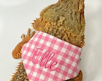 Pink Gingham Bearded Dragon Bandana, Spring Plaid Beardie Scarf, Embroidered Lizard Accessory, Polkadot Reptile Clothes, Reptile Mom Gift