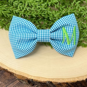 Embroidered Turquoise Micro Gingham Dog Bow Tie, Personalized Summer Pet Collar Accessory, Plaid Cat Bowtie with Letter