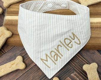 Embroidered Khaki Seersucker Dog Bandana with Snaps, Personalized Pet Scarf, Custom Name Spring Summer Cat Kerchief