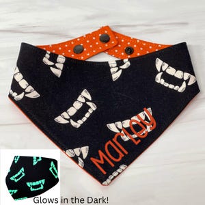 Glow in the Dark Vampire Fang Dog Bandana, Halloween Polkadot Pet Scarf, Orange Snap On Tie On Bandana, Spooky Fall Dog Handkerchief
