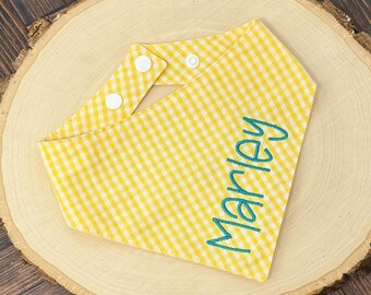 Embroidered Yellow Gingham Dog Bandana, Checkered Pet Scarf with Name, Personalized Plaid Kerchief