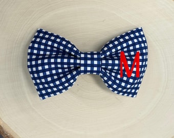 Personalized Navy Blue Gingham Dog Bow Tie, Embroidered Plaid Pet Collar Accessory, Patriotic Cat Bowtie