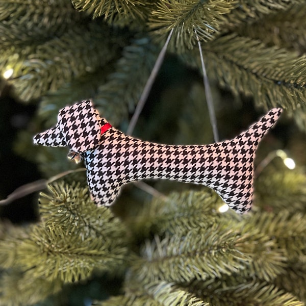 Houndstooth Dachshund Lover Christmas Ornament, Black & White Stuffed Sausage Dog Wiener Dog, Christmas Tree Decoration, Doxie Mom Present
