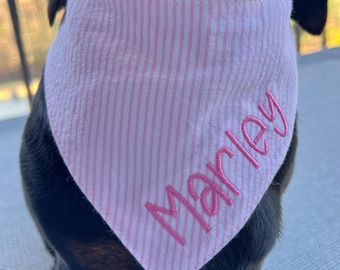 Pink Seersucker Dog Bandana, Embroidered Name Bandana with Snaps, Striped Pet Scarf, Custom Dog Mom Gift, Spring Summer Dog Bandana