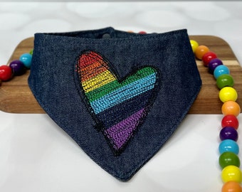 Rainbow Heart Dog Bandana, Embroidered Pride Pet Scarf, LGBTQ Dog Kerchief, Cat Bandana with Snaps, Denim Bandana, Gift for New Dog