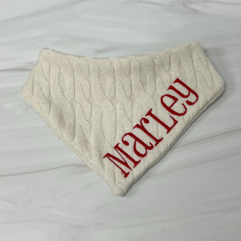 Sweater Dog Bandana, Embroidered Pet Scarf, Cable Knit Snap on Bandana