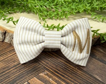 Khaki Seersucker Dog Bow Tie, Embroidered Pet Collar Bow, Personalized Striped Bow Tie, Dog Bow with Initial, Monogram Dog Accessory