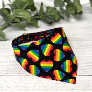 Rainbow Heart Reversible Dog Bandana, LGBTQ Pride Pet Scarf, Tie On Snap On Dog Bandana, Paint Splatter Neckerchief, Gay Pride Bandana