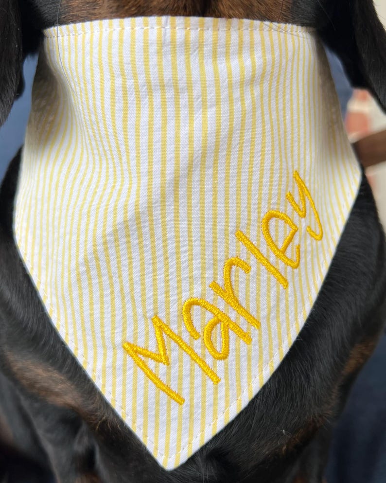 以下が含まれることがあります： 黄色と白のストライプの犬用バンダナで、黄色い糸で「Marley」という名前が刺繍されています。