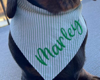 Green Seersucker Dog Bandana, Embroidered Name Bandana with Snaps, Striped Pet Scarf, Custom Dog Mom Gift, Spring Summer Dog Bandana