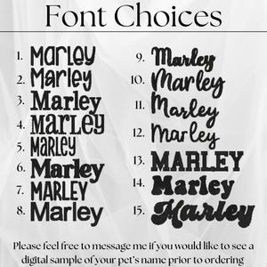 Font choices for a pet's name. Fifteen different font styles are shown with the name 'Marley' in each style. The text 'Please feel free to message me if you would like to see a digital sample of your pet's name prior to ordering' is at the bottom of the image.l