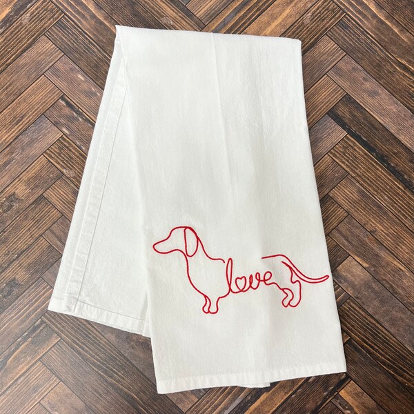 Dachshund Embroidered Tea Towel, Valentine’s Day Hand Towel, Doxie Love Dish Towel, Sausage Dog Flour Sack Towel, Dachshund Lover Gift