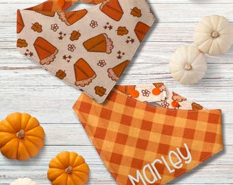 Pumpkin Pie Dog Bandana, Retro Checkerboard Pet Scarf, Thanksgiving Snap On Bandana, Reversible Fall Dog Handkerchief, Embroidered Bandana
