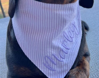 Lavender Seersucker Dog Bandana, Purple Stripe Pet Scarf, Personalized Bandana with Snaps, Embroidered Dog Mom Gift, Spring Summer Bandana