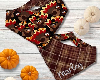 Thanksgiving Dog Bandana, Turkey Pet Scarf, Fall Plaid Snap On Bandana, Autumn Cat Kerchief, Embroidered Bandana, Personalized Neckerchief