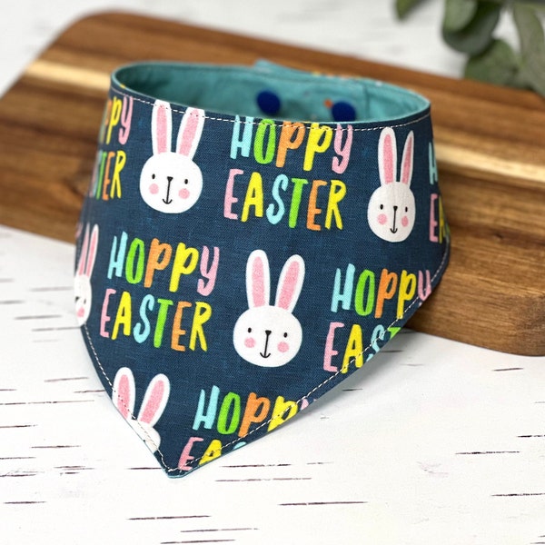 Hoppy Easter Reversible Dog Bandana, Easter Bunny Snap On Pet Bandana, Spring Tie On Dog Scarf, Easter Dog Photoshoot Bandana, Gift for Pet
