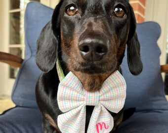 Pastel Plaid Seersucker Dog Sailor Bow, Embroidered Collar Bow, Easter Bow Tie, Monogram Dog Bow, Spring Cat Bow, Pet Bow with Initial