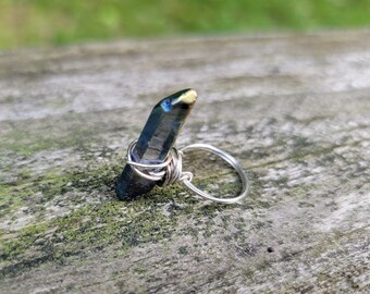 Silver-Wrapped Peacock Quartz Ring