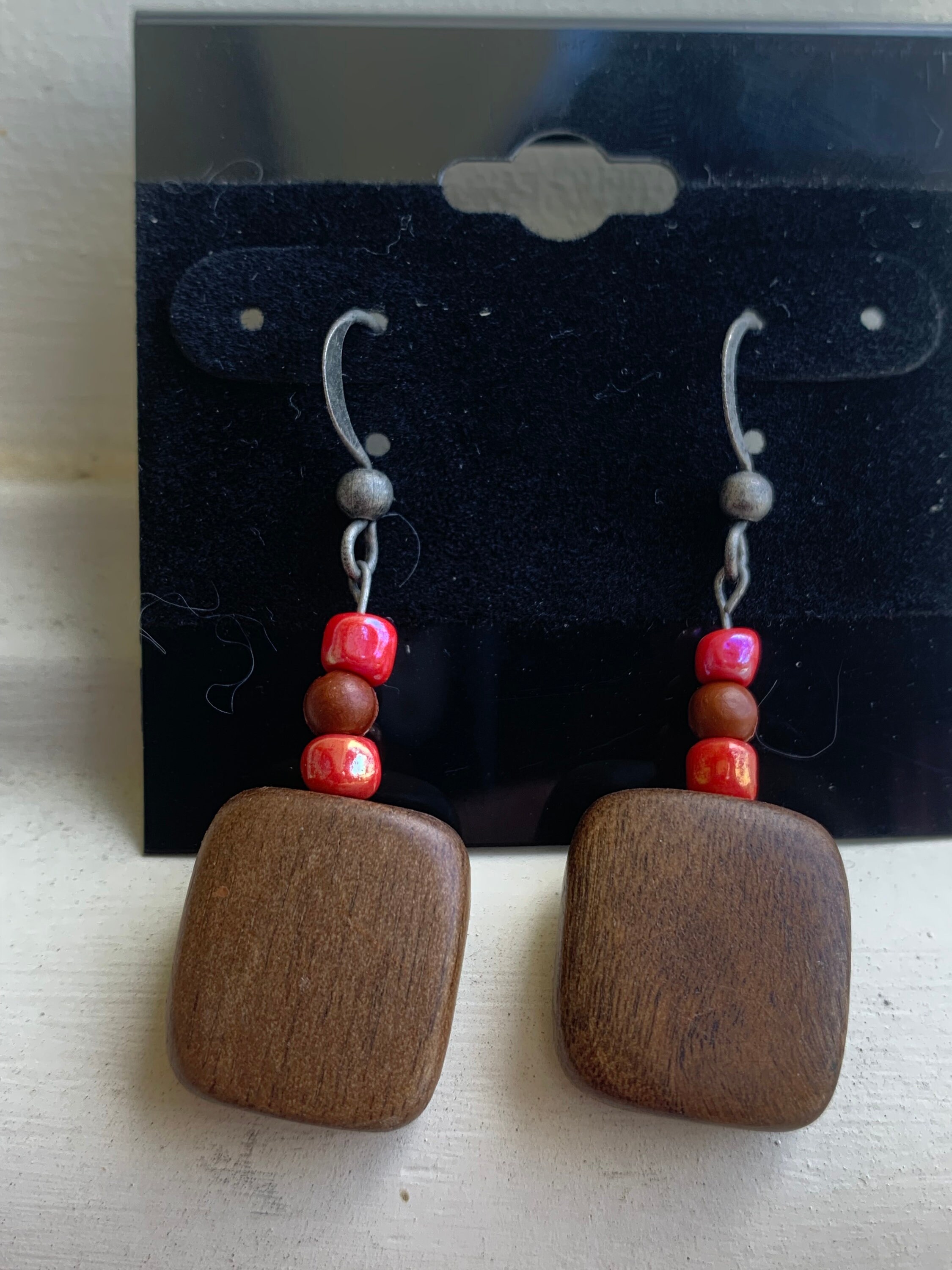 Wooden and Red Dangle Earrings Etsy