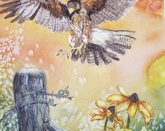 Paintings in Watercolor: Hawk landing on fence post