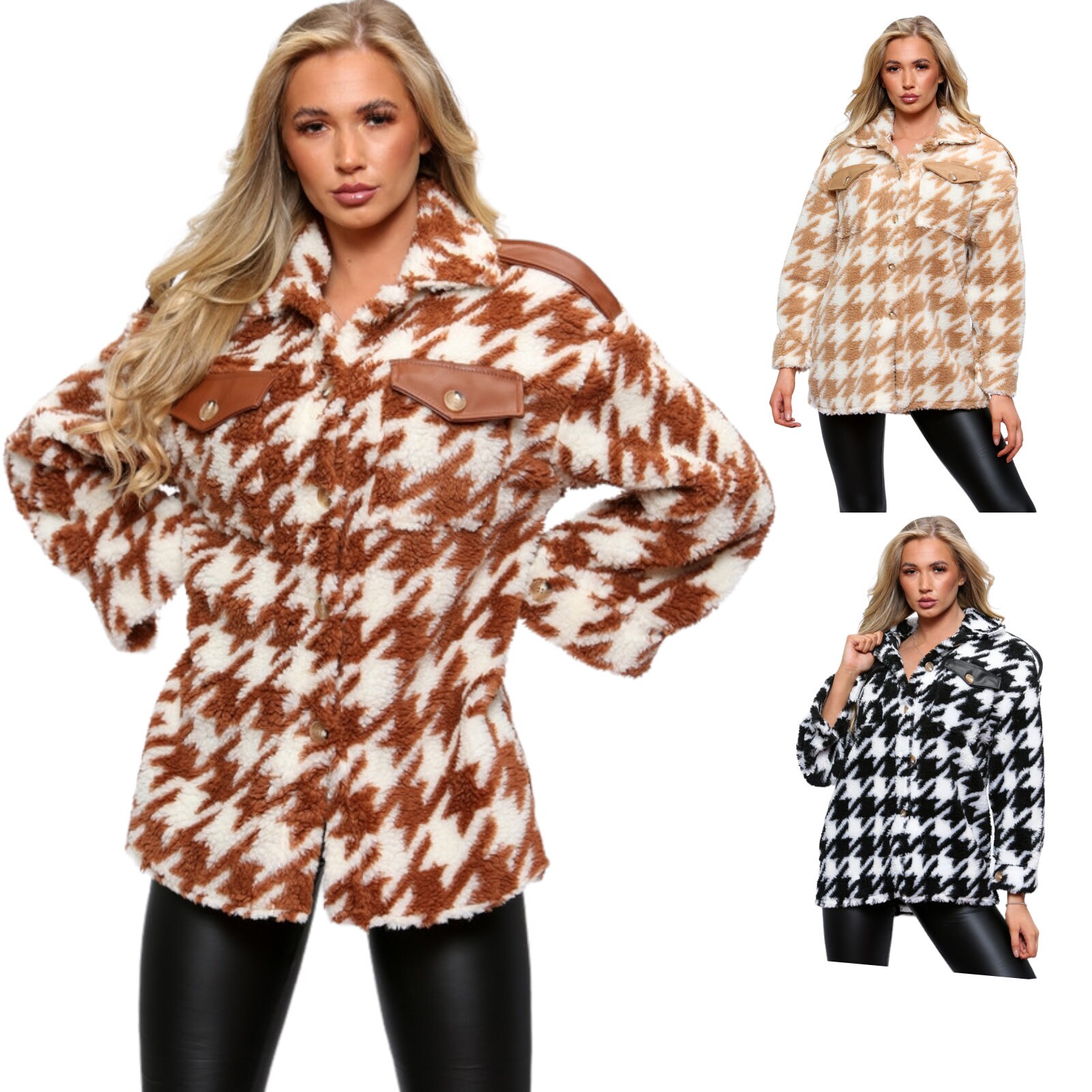 Women's Teddy Shacket Jaket Coat Vegan Leather Borg Oversized Patch Pocket Ladies Shearling Shirt | Outerwear Cozy Warm Travel Gift for Her