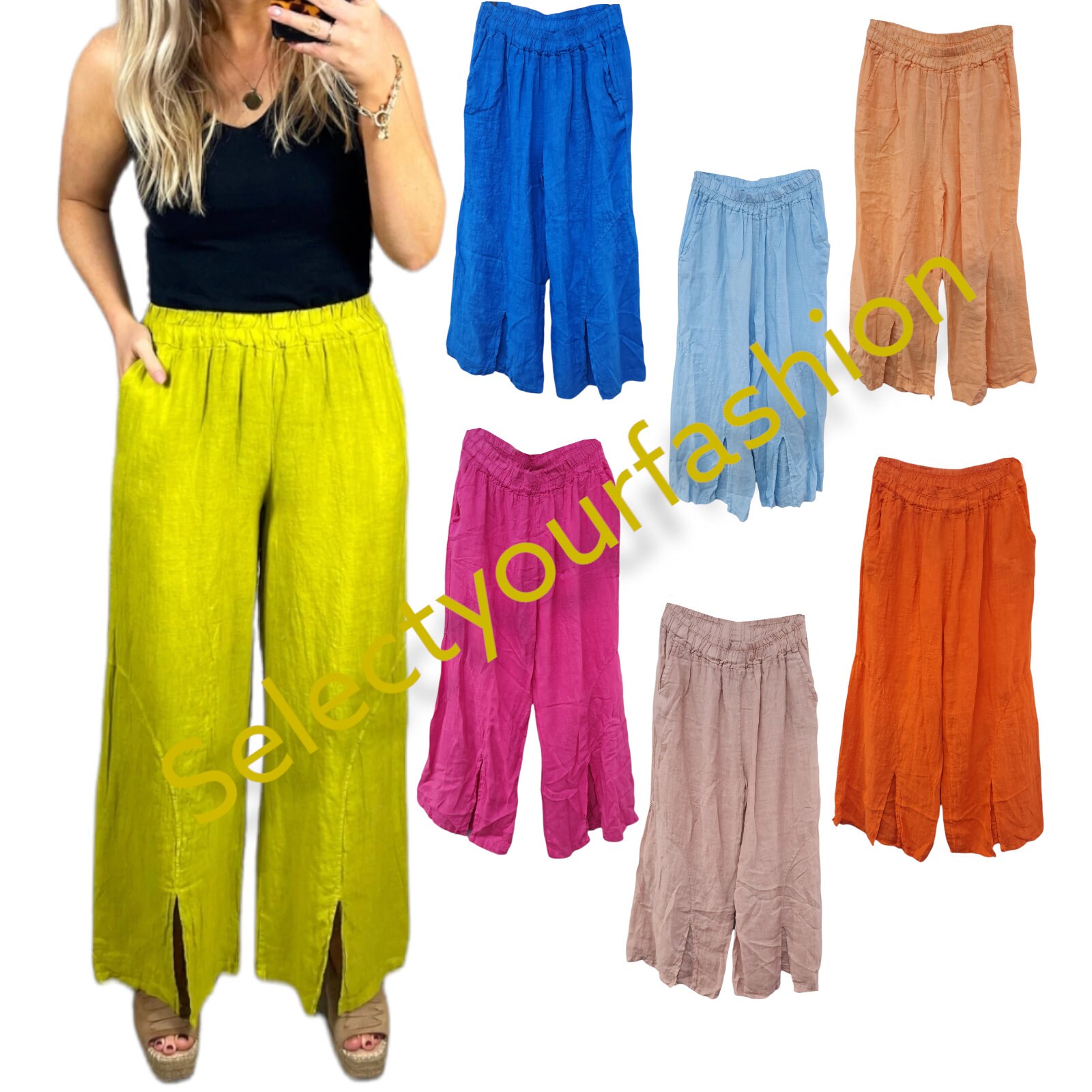 LADIES WOMEN LINEN TROUSERS CASUAL SUMMER HOLIDAY PANT ELASTICATED WAIST BOTTOMS 