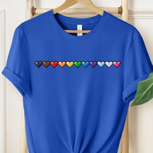 Rainbow Retro Pixel Heart, Valentines Day Pixel I love you, Gamer Gift Health bar, LGBTQ+ Pride Rainbow Heart Unisex T-Shirt