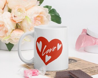 Hearts Love Mug, Coffee Mug, Valentine&#39;s Day Mug, 11 oz OR 15 oz, White with Red design, Love Gift, Tea Mug, Mug Hug, Love Mug