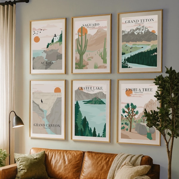 Láminas de Parques Nacionales, Juego de 6, Póster de Viaje Minimalista