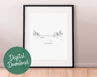 Poconos Line Art Print, Pocono Mountains Pennsylvania Minimalist Black and White Drawing, Instant Download, Printable