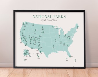 National Parks Map Poster, United States National Parks Minimalist Modern Drawing, Map of US National Parks, Blue Travel Map