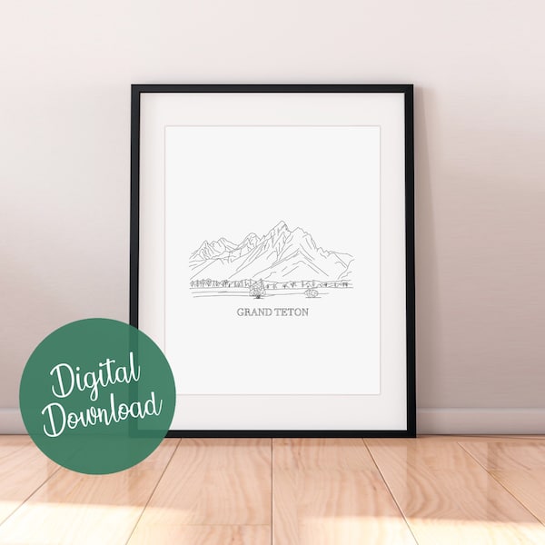 Grand Teton National Park Linie Kunst Druck, minimalistischen schwarz und weiß Grand Teton Zeichnung, Grand Teton Poster, Instant Download, bedruckbar