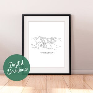 June Mountain Line Art Print, California Ski Resort, minimalistische zwart-wittekening, Instant Download, afdrukbaar