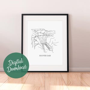 Hoover Dam Line Art Print, Lake Mead Minimalist Black and White Drawing, Instant Download, Printable