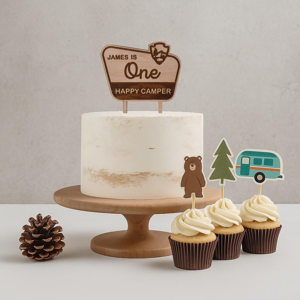 Custom One Happy Camper Cake Topper | First Birthday | National Park | Nature, Mountain, Outdoor Camping Themed