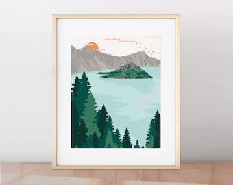 Crater Lake National Park Print, Minimalist Mountain Landscape Art