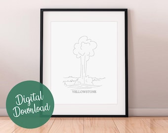 Yellowstone National Park Line Art Print, Minimalist Black and White Drawing (Digital Download)