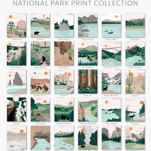 May include: A collection of 24 illustrated national parks in the United States. Each park is represented by a unique illustration with a minimalist style and a color palette of green, brown, and beige. The illustrations are arranged in a grid of six rows and four columns. The name of each park is listed below its corresponding illustration.