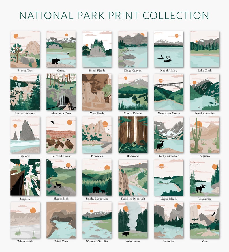 May include: A collection of 24 illustrated national parks in the United States. Each park is represented by a unique illustration with a minimalist style and a color palette of green, brown, and beige. The illustrations are arranged in a grid of six rows and four columns. The name of each park is listed below its corresponding illustration.