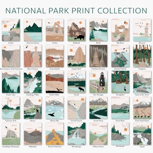 May include: A colorful illustration of 30 national parks in the United States. Each park is represented by a unique landscape scene with a sunset in the background. The names of each park are listed below the illustrations.