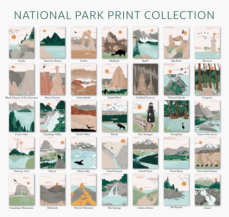 May include: A colorful illustration of 30 national parks in the United States. Each park is represented by a unique landscape scene with a sunset in the background. The names of each park are listed below the illustrations.